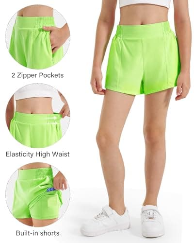 Stelle Girl's Athletic Shorts with Liner Zipper Pockets Elastic Waist Running Shorts Sports Active Shorts for Teen Kids(Neon Yellow,XS) - Thumbnail 6
