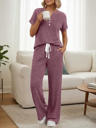 LILLUSORY Women 2 Two Piece Matching Lounge Sets 2026 Spring Summer Beach Vacation Clothes Pajamas Top Wide Leg Pants Sweat Suits Airport Travel Outfits Casual Sweatsuit Fashion Loungewear - Thumbnail 3
