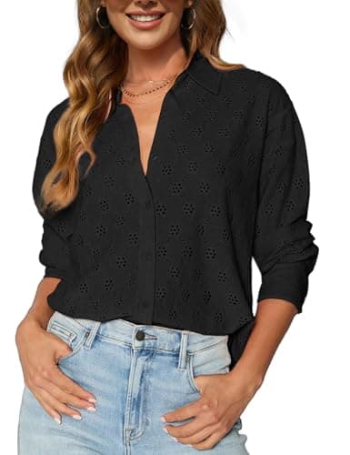 CiCiBird Womens Long Sleeve Button Down Shirts Dressy Casual Lace Blouse Hollow Out Eyelet Tops Spring Summer Clothes Black XL - Image 1