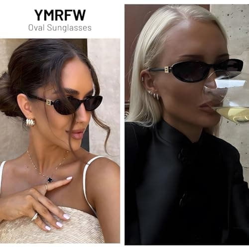 YMRFW Retro Oval Cat Eye Sunglasses for Women Trendy Narrow Small Oval Sun Glasses 90s Vintage Shades - Thumbnail 3