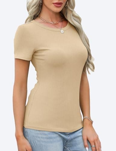 GKBK Ribbed Short Sleeve Tops for Women Crew Neck Fitted Tight Shirts Layering Top Basic Tee Tshirts Cute Summer Tops Casual Spring Clothes Outfits 2026 Trendy Beige - Thumbnail 4