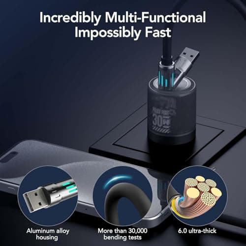 4in1 Multi USB Charging Cable 2 Pack– 240W Max Fast RGB Charger Cord with Multiple Connectors for iPhone 16/15/14/13, iPad, Samsung, MacBook, Tablets & More (Black, 3.3Ft) (2) - Thumbnail 4