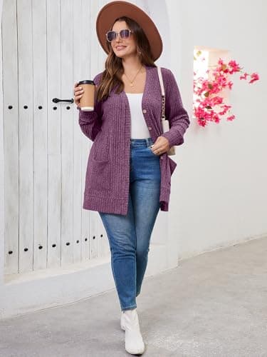 AusLook Plus Size Women Long Sleeve Cardigan Purple 5X Open Front Button Down Lightweight Casual Sweater Cover Ups Shrugs Shawls and Wraps Kimono Jacket Coat with Pockets - Thumbnail 4