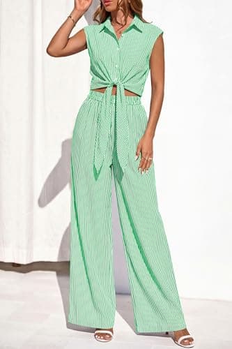 PRETTYGARDEN 2 Piece Sets For Women Summer Striped Button Down Tie Front Crop Tops Wide Leg Pants Floral Lounge Set 2026(Striped Green,Medium) - Thumbnail 5