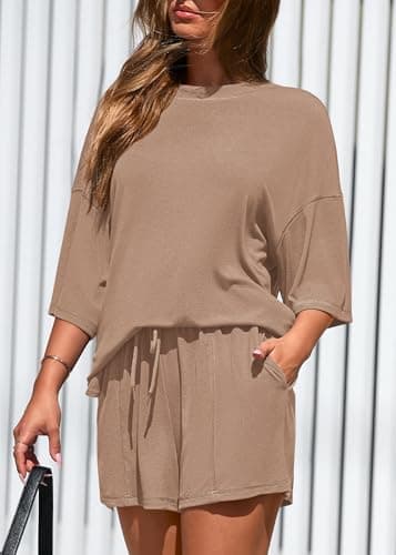 KIRUNDO 2 Piece Sets for Women Summer Lounge Sets Casual Oversized Tshirts Shorts Matching Airport Travel Outfits Postpartum(Khaki, X-Large) - Thumbnail 5