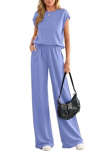 PRETTYGARDEN Women's Summer 2 Piece Lounge Sets 2026 Cap Sleeve Tops Wide Leg Pants Workout Sets Loose Casual Tracksuit(Light Blue,Medium) - Image 1