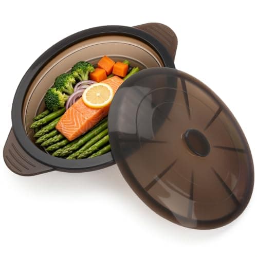 Microwave Steamer Cooker Collapsible Bowl Silicone Baked Potato Cookware with Handle Lid for Vegetables Fish Prep Meal Food with Removable Rack BPA Free Easy to Store Freezer Dishwasher Safe Black - Image 1