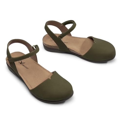 Athlefit Womens Closed Toe Sandals Comfort Casual Cork Footbed and Arch Support Flat Sandals Ivy Size 9 - Thumbnail 6