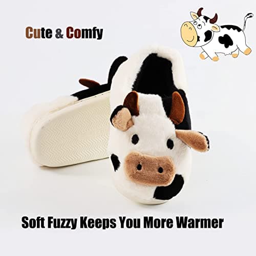 Jerzmy Fuzzy Cow Slippers for Women Men, Cute Cotton Animals House Slippers Fluffy Plush Shoes for Girls Indoor Living Room Bedroom Garden, Size 10-11 - Thumbnail 4