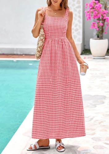 PRETTYGARDEN Women's 2026 Summer Spaghetti Strap Maxi Dresses Plaid Square Neck A Line Casual Beach Vacation Long Sundress (Brilliant Red,Large) - Thumbnail 5