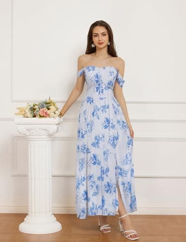 Summer White-Blue Floral Dress for Women 2026,Off the Shoulder Smocked Bridesmaid Dresses,Formal Baby Shower Maxi Dressesl M - Thumbnail 2