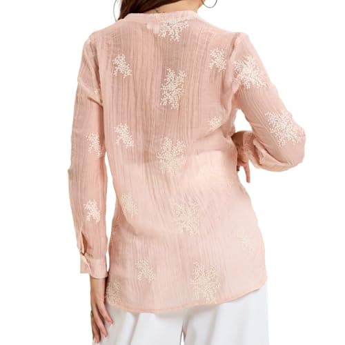 Women's Long Sleeve Sheer Floral Embroidered See Through Button Down Blouse Lightweight Boho V Neck ShirtsLarge YG010 Pink L - Thumbnail 6