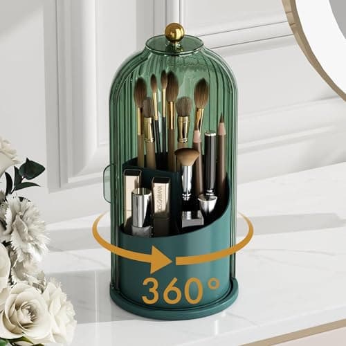 ZHUSSZHU Makeup Brush Holder with Lid Cosmetic Tools Organizer 360 Rotating Waterproof Dustproof Beauty Brushes Storage for Vanity, White Malachite green - Thumbnail 5