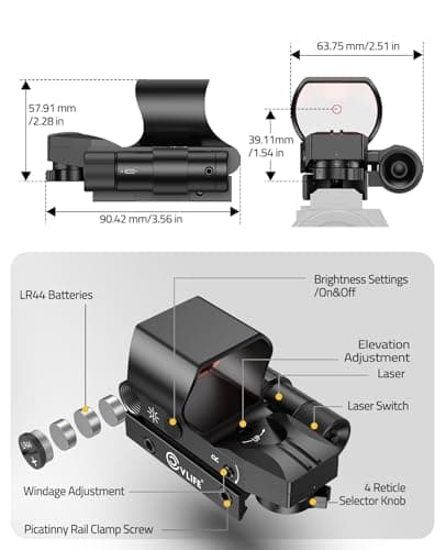 CVLIFE 28×40mm Large Lens Reflex Sight Red Dot Sight for Rifle,4 Reticle Optics with Red Laser and Pressure Pad Switch for 21mm Rail (Green Laser) - Thumbnail 6