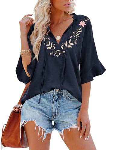 Womens Summer Tops 3 4 Sleeve Women Blouses Casual Boho Top Spring Floral Short Sleeve Shirts Vacation Navy S - Image 1