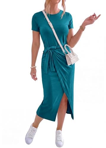 NOLLSOM Women Casual Sleeveless Striped Tank Midi Dresses Halter Neck Ruched Bodycon Dresses Tie Waist T Shirt Summer Dress(Tie Lake Blue,X-Large) - Thumbnail 3