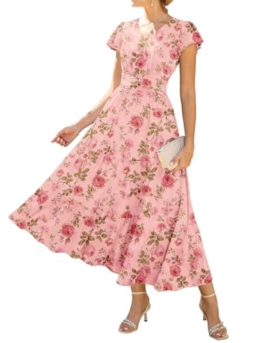 GRACE KARIN Women Summer Dress,Maxi Floral Dresses,V Neck Wedding Guest Flowy Dress 2026 Grayish-Pink with Pink Rose XL - Thumbnail 5