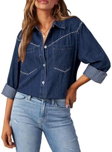 Dokotoo Long Sleeve Shirts for Women Casual V Neck Button Down Denim Tops Cowgirl Outfits Classic Collared Chambray Jean Western Shirt Rhinestone Top Cowboy Shirts Jean Blouses for Women Navy Blue M - Image 1