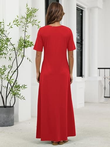 KORSIS Causal Red 2XL Dresses for Women Short Sleeve Summer Red S Long T-Shirt Dress Loose Beach Vacation Sundress with Pockets - Thumbnail 6