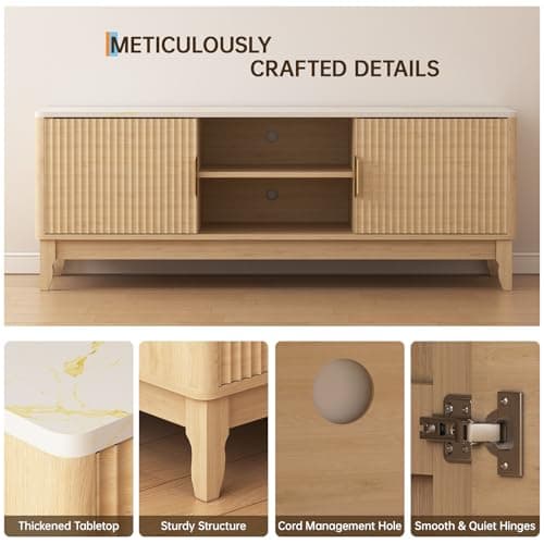 GlouMod TV Stand for TV up to 65 Inches, 55" Entertainment Center with Storage Cabinets and Marble White Top, Fluted Panels, Mid Century Modern Media Console Table for Living Room, Light Wood - Thumbnail 5