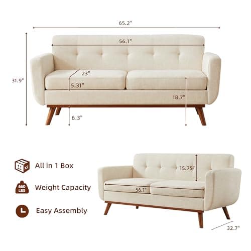 Kingfun 65.2" W Loveseat Sofa, Mid Century Modern Decor Love Seat Couches for Living Room, Button Tufted Upholstered Furniture, Easy to Install Small Couch for Bedroom Office Apartment, Cream White - Thumbnail 2