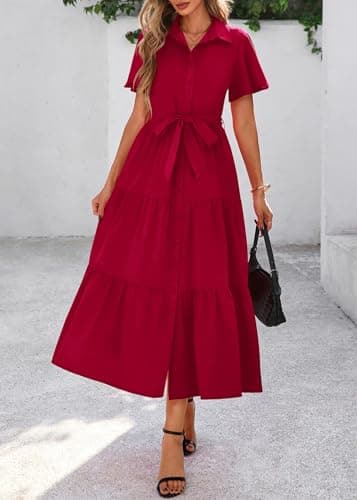 KIRUNDO Summer Button Down Wedding Guest Shirt Dresses for Women Maxi Flutter Short Sleeve Flowy Tiered Beach Sun Dress(Wine Red, Medium) - Thumbnail 3