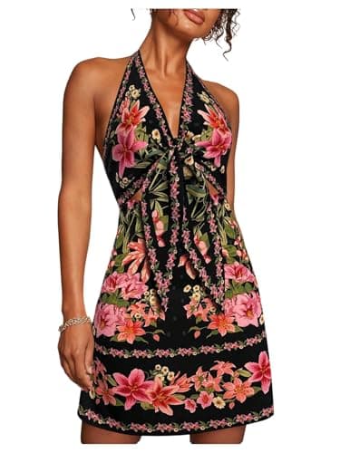 RoseSeek Women's Tropical Floral Backless Halter Dresses Cut Out Knot Front Sleeveless Vacation Short Dress Black Large - Image 1