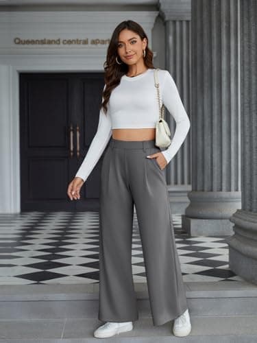 Amzdora Women’s Casual Wide Leg Pants High Waisted Stretch Pull On Palazzo Trousers Loose Flowy Lounge Pants with Pockets Dark Gray - Thumbnail 6