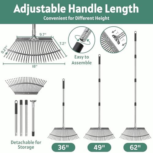 Jesosia Garden Rake for Leaves with Leaf Bag & Gloves - 65 Inch Adjustable 25 Tines Metal Rake Set with 72 Gallon Reusable Yard Waste Bags for Gardening Lawns Outdoor Camping Shrub Grass Bush - Thumbnail 3
