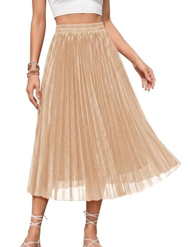 Gardenwed Pleated Midi Skirt for Women Aline Summer High Elastic Waisted Swing Skirts with Lining 2026 Casual Work Vacation Champagne L - Image 1