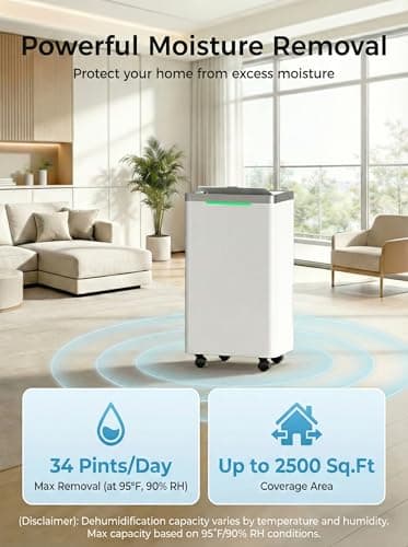 HOPSEN 34 Pints/Day Dehumidifier for Basement, 2500 Sq. Ft Dehumidifiers for Home with Drain Hose, 38dB Quiet Dehumidifier for Bedroom Bathroom, 24HR Timer, 3-Color Indicator, Auto Defrost, Child Lock - Thumbnail 2
