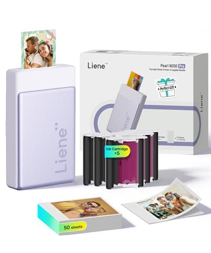 Liene Pearl N200 Pro Portable Photo Printer, Instant Mini Picture Printer for iPhone Smartphone, Thermal Dye Sublimation, Bluetooth Sticker Printer 50 Sheets 2x3 Adhesive Paper & 5 Cartridges, Purple