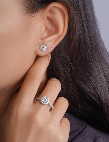 IMOLOVE Moissanite Stud Earrings Lab Created Moissanite Earrings in Sterling Silver Trendy Flower Halo Earrings for Women Men D Color Round Cut - Thumbnail 5