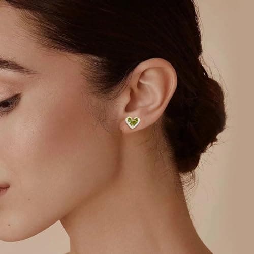 Helirose Heart Stud Earrings for Women, S925 Sterling Silver Posts 14K Gold Plated Hypoallergenic, Gift Box & Message Card (Green-Gold) - Thumbnail 2