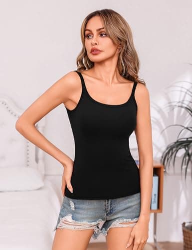 Totatuit Women 3 Pack Ribbed Tank Tops Casual Fitted Camisole Square Neck Sleeveless Shirts Cropped Cami Undershirts Base Layer(Black, Nude, Blue) Small - Thumbnail 3