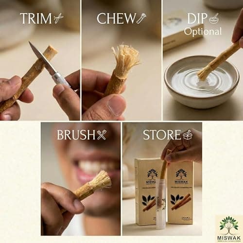 MISWAK Premium Natural Sticks 3 Pack with Vacuum Holder - Authentic Peelu Wood (Salvadora Persica) Herbal Tooth Sticks for Teeth Whitening, Fresh Breath & Gum Care - Thumbnail 3