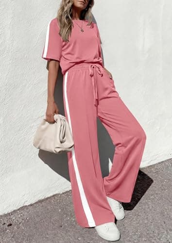 PRETTYGARDEN Women's 2 Piece Sets Summer Casual Short Sleeve Tops Wide Leg Pants Matching Lounge Set Vacation Travel Outfits (Pink,XL) - Thumbnail 4