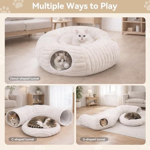 Dogpals Ultra-Soft Cat Tunnel Bed - Soft Washable Cushion, Peekaboo Hideaway Cave for Indoor Cats, Kittens, Puppies, and Rabbits - Deluxe Upgraded with Luxurious Striped Hare-Feel Fabric (White) - Thumbnail 2