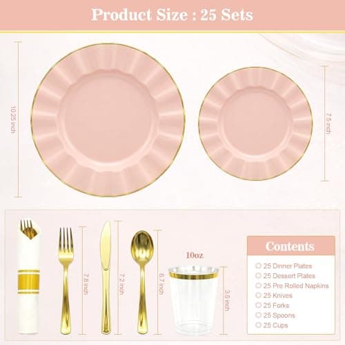 Glowserve Pre-Rolled Scalloped Pink Plastic Plates Dinnerware Set 175 PCS - Thumbnail 6