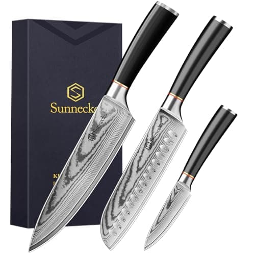 Sunnecko Damascus Knives Set,Japanese VG10 Core Steel Damascus 3PCS Chef Knife Set,Professional Razor Sharp Kitchen Knives Set with Knife Sharpner - Image 1
