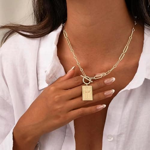 Eaciy Cross Necklace for Women Trendy, 18K Gold Plated Cross Pendant Charm Necklace Dainty Paperclip Chain Religious Jewelry Gifts for Christian Faith, Baptism, First Communion Style4 - Thumbnail 2