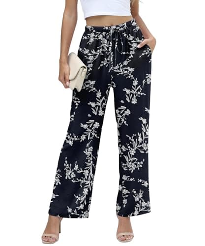 NILOUFO Women Summer Casual High Waist Wide Leg Pants Fashion Lightweight Flowy Boho Beach with Pockets(Dark Blue Backed Carved White, Large)