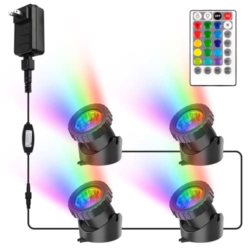 CREPOW RGB Pond Lights with Timer, LED Underwater Submersible Fountain Light, 98ft Remote Control IP68 Waterproof Colorful Landscape Spotlights for Fish Aquarium Tank Garden Yard Pool (Set of 4) - Image 1