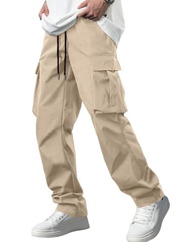 Comdecevis Men's Casual Cargo Pants Workout Joggers Stretch Sweatpants Hiking Drawstring Tactical Pants with Multi Pockets Light Khaki - Image 1