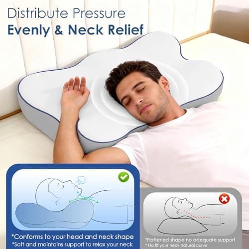 Cervical Neck Pillow for Pain Relief, Ergonomic Side Sleeper Pillow for Neck Support, Cooling Memory Foam Pillows Contour Orthopedic Bed Pillow for Back Stomach Sleepers (White) - Thumbnail 3