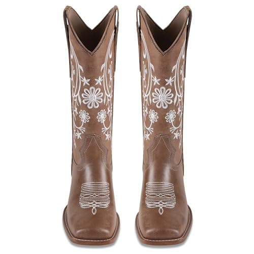 UJPFEO Cowboy Boots for Women Mid Calf Cowgirl Boots Square Toe Pull On Low Chunky Heel Embroidery Western Boots - Thumbnail 5