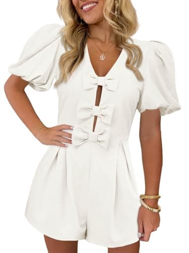 Cicy Bell Womens Cute Rompers Bow Front Puff Sleeve V Neck Short Jumpsuits Sexy Summer Outfits with Pockets - Image 1