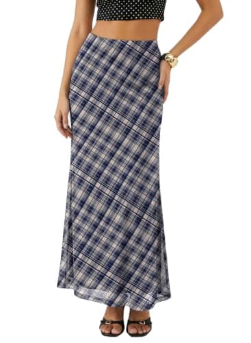 BLENCOT Retro Plaid Maxi Skirts for Women High Waisted A-Line Mesh Long Skirt for Work Business Casual Outfits Blue Small - Image 1