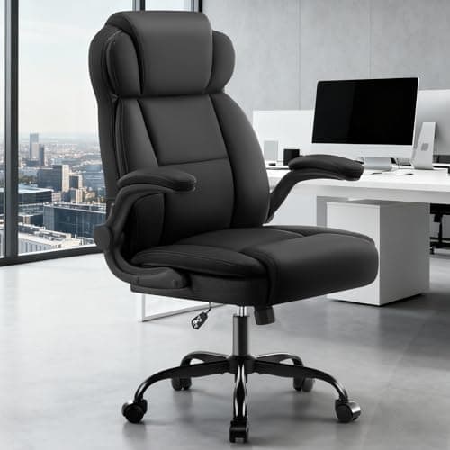 AreShark Ergonomic Office Chair with Lumbar Support, 400lbs Heavy Duty Big and Tall Executive Desk Chair, PU Leather High Back Computer Chair with Integrated Headrest & Flip-Up Arms, Black
