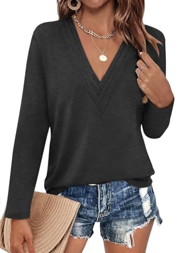 EasyGala Womens Deep V Neck Long Sleeve Shirts Pleated Dressy Casual Tops Sexy Loose Fit T Shirt Black Small - Image 1
